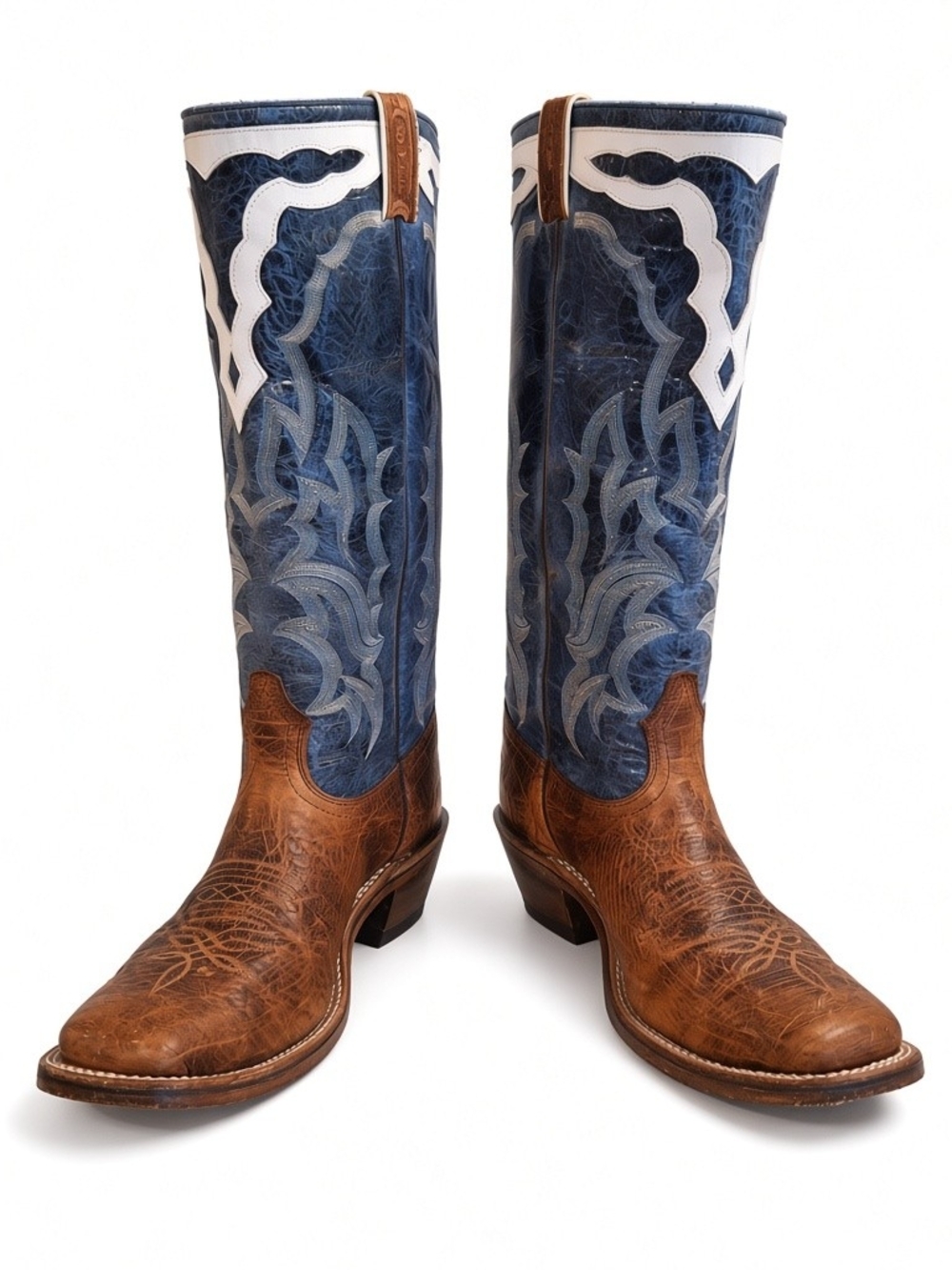Men's BOULET Blue and Brown Western Cowboy Boots - Leather Pull-On